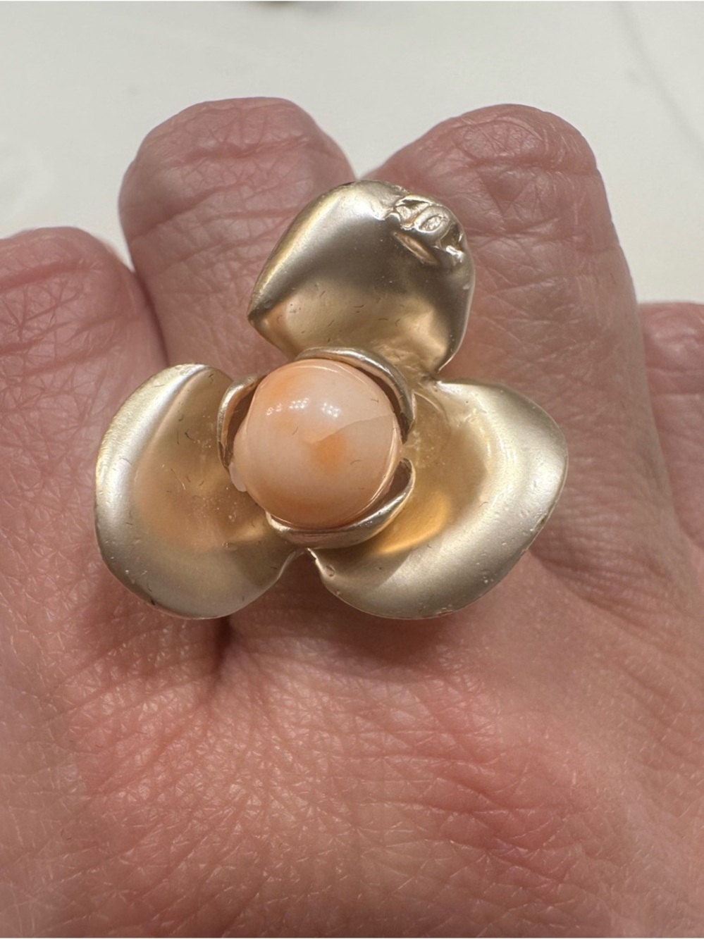 CHANEL Gold-Tone Pearl Camellia Ring